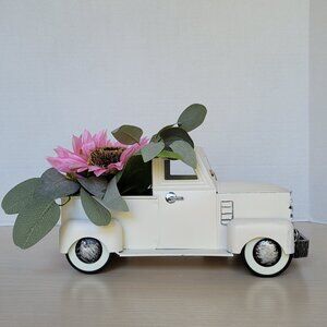 Decorative Retro Style Pick Up Truck Ivory Metal  Pink Sunflowers Green Leaves